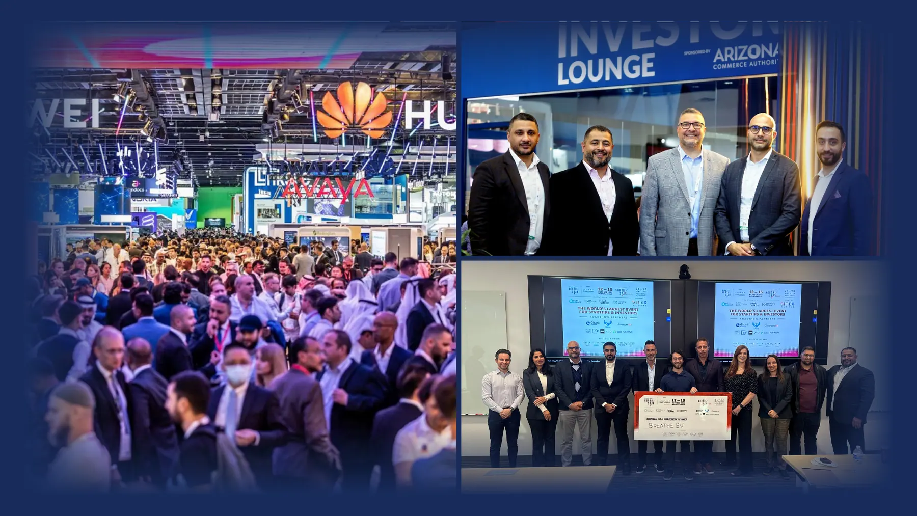 Photo collage from GITEX: a crowded exhibition hall, delegates at the Investor Lounge, and a roadshow winner receiving an oversized cheque