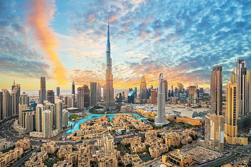 Downtown Dubai and the Burj Khalifa at sunrise